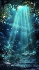 Obraz premium Stunning long shot of fantasy worlds merging with lush environments, serene glowing trees, mystical landscapes, captivating details