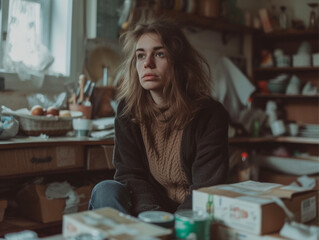 Fototapeta premium Socially vulnerable woman with financial problems. 