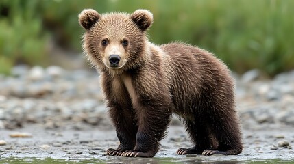 Obraz premium A young brown bear cub stands in a muddy stream, looking directly at the camera with curious eyes.