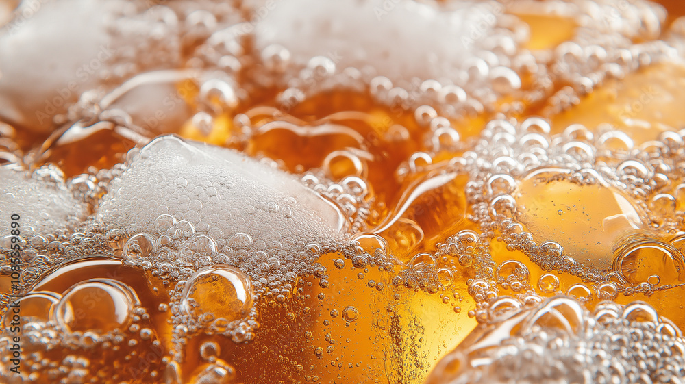Poster refreshing bubbles and ice cubes float in fizzy drink, creating vibrant scene