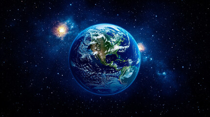 A blue and white planet with a star in the background