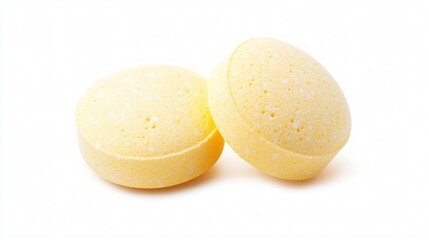 Obraz premium Two Yellow Vitamin C Tablets on a White Background: A Close-Up on Health and Wellness