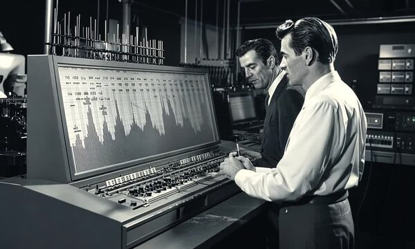 Two Men Working on a Large Computer Console in a Lab