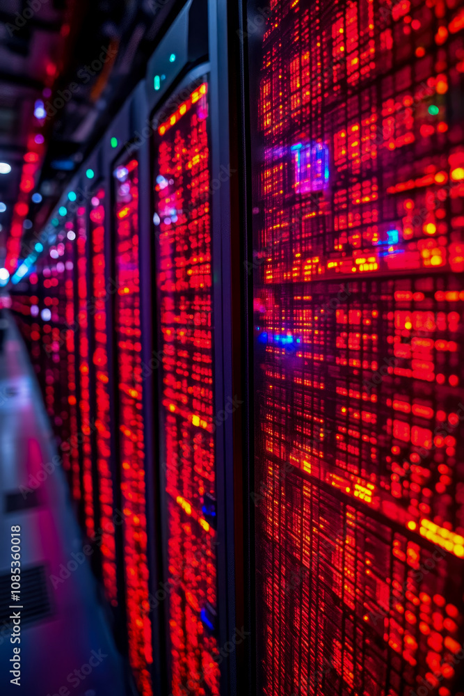 Poster bright red lights illuminate the rows of servers in a data center, highlighting the advanced technol