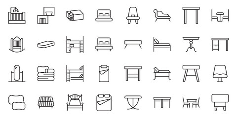 Furniture flat line icons set. Kitchen, bedroom, sofa table, bookcase closet, chair, mattress, lamps, ladder vector illustrations