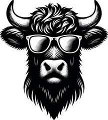 Cool Cattle Head with Sunglasses - Vector Black Silhouette Cricut Design for T-Shirt