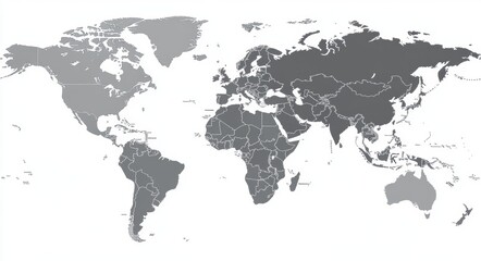 Detailed monochrome world map depicting geographic outlines with prominent continents and countries separated by clearly defined borders for educational or design use.