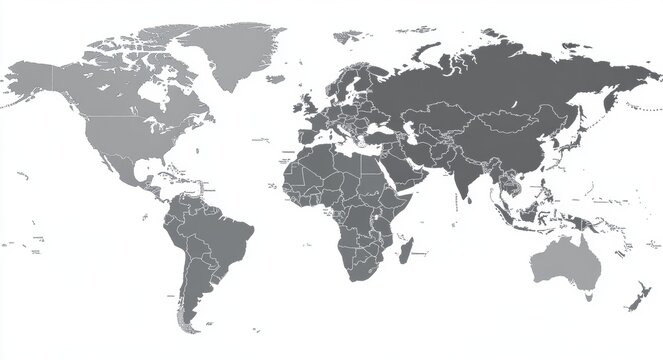 Fototapeta Detailed monochrome world map depicting geographic outlines with prominent continents and countries separated by clearly defined borders for educational or design use.
