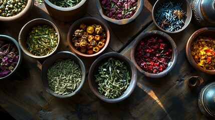 Fototapeta premium Assorted Dried Herbs and Flowers in Rustic Wooden Bowls on a Wooden Table