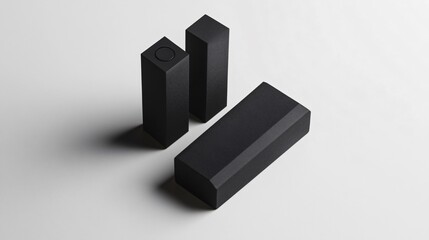 Black and mysterious audio system on a white background. Modern and minimalist design, sleek and elegant. Perfect for music lovers and audiophiles.