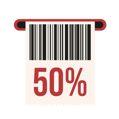 Flat style Sale Coupon with bar Code isolated transparent background. 50 % Sale Voucher in coupon machine. Template simple design for Black Friday web social media design. Vector illustration. 