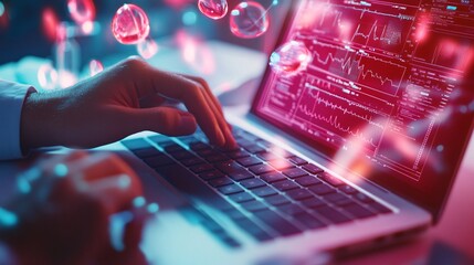 Close-Up of Hands Typing on Laptop with Digital Interface