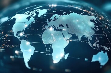 Fototapeta premium Digital World Map with Network Connections Illuminating Cities, Showcasing Global Connectivity and Technology Integration in a Futuristic Design