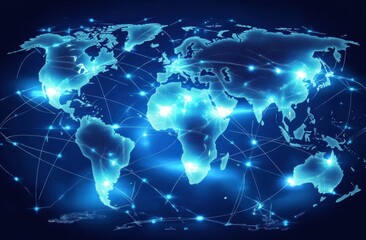 Futuristic Digital World Map with Network Connections and Glowing Nodes Illustrating Global Communication and Data Exchange in a High-Tech Environment