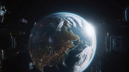 Obraz premium Captivating View of Earth from Space at Night with City Lights Shining Brightly and the Sun Rising on the Horizon in a Distant Universe