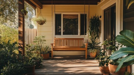 A Wooden Swinging Bench on a Porch With Plants and Sunlight
