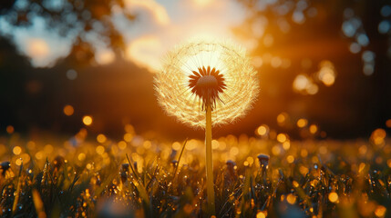 A dandelion stands tall, illuminated by the warm sunset, surrounded by glistening dew on a tranquil grassy meadow during golden hour