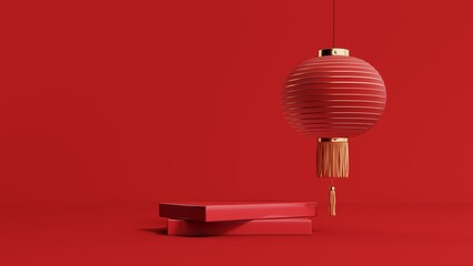 3d render of a festive Chinese New Year celebration, with a luxurious red and gold podium display with lanterns, paper fans. Background for advertising,  promotional poster or flyer.