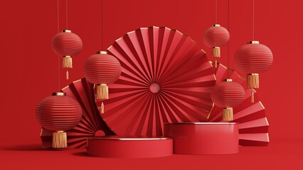 3d render of a festive Chinese New Year celebration, with a luxurious red and gold podium display with lanterns, paper fans. Background for advertising,  promotional poster or flyer. © JooLaR
