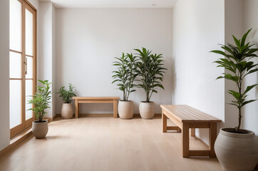 Fototapeta premium Japandi hallway with light wood flooring, a simple wooden bench, and a few small plants in ceramic pots.
