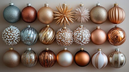 Elegant Christmas ornaments in gold, copper, silver, and beige tones arranged on a neutral background.
