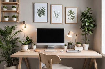Home office in Japandi style with a wooden desk, neutral decor, and soft lighting.