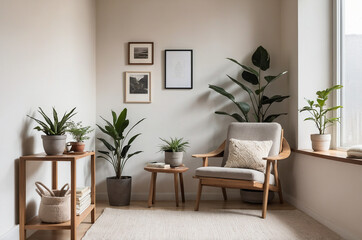 Cozy Japandi inspired reading nook with a wooden shelf, an armchair with soft linen