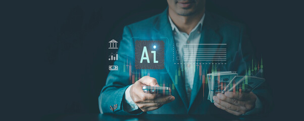 Businessman Using AI technology with business operations, automation systems to help make money,...