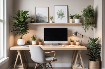 Home office in Japandi style with a wooden desk, neutral decor, and soft lighting.