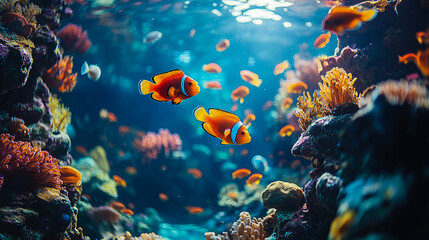 Fototapeta premium Two bright clownfish glide gracefully through a lively coral reef filled with colorful marine life, illuminated by sunlight filtering through the water
