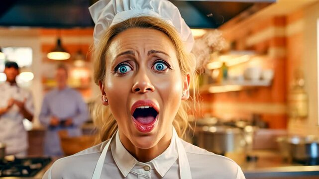 Shocked female chef gasping in restaurant kitchen