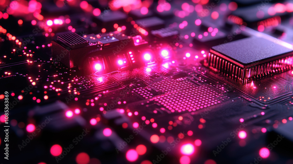 Poster a close-up view of a circuit board illuminated by pink lights, emphasizing the intricate details of 