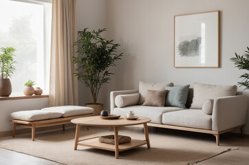 Obraz premium Japandi living room with an open layout, wooden furniture, Neutral earth tones