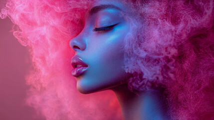 Fototapeta premium A model showcases her striking pink hair and makeup in a vibrant studio, illuminated by colorful lights during a creative fashion photoshoot