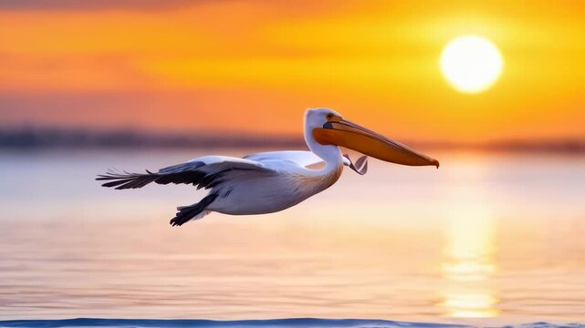 A pelican flies effortlessly over calm waters, silhouetted by a stunning sunset that paints the sky in warm hues