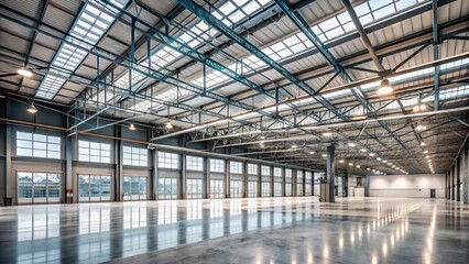 Obraz premium Spacious Empty Factory Interior in a Warehouse Building with Industrial Architecture and Abundant Natural Light, Perfect for Commercial and Creative Uses
