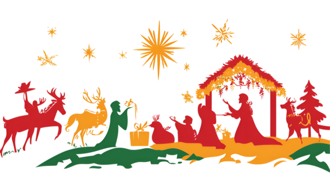 Colorful Nativity Scene With Stars And Holiday Elements - Captures the joyful spirit of Christmas celebration and tradition.