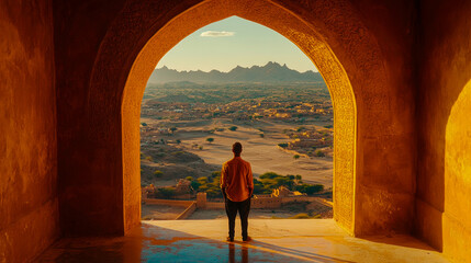 A person stands in an ancient archway, taking in the breathtaking desert view with mountains in the distance as the sun sets in the background