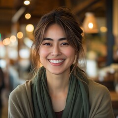Obraz premium A joyful Asian woman smiles warmly in a bustling cafe, illuminated by natural light