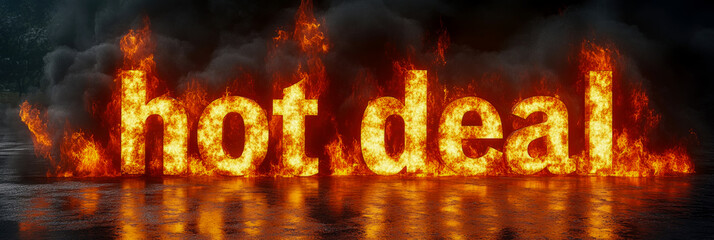 Fiery letters spelling hot deal illuminate the night, presenting an impactful promotional message that captures attention and excitement