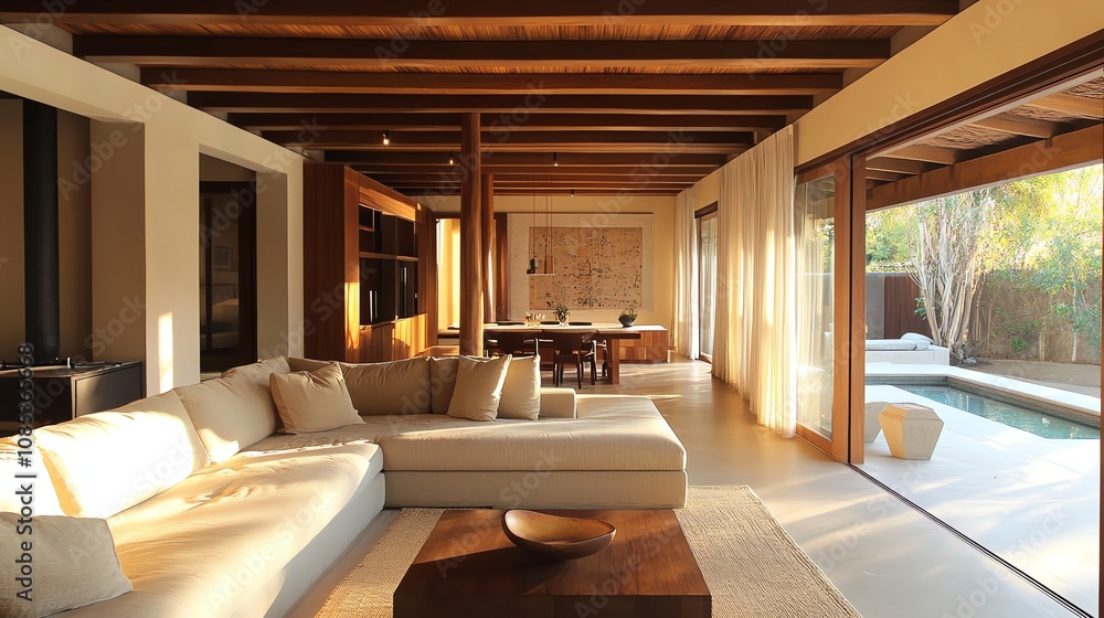 Poster a modern living room with a large sectional sofa and a view of a pool through large windows.