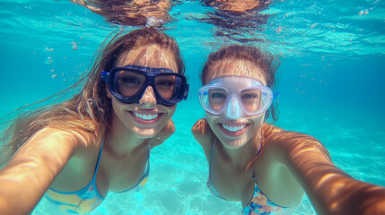 Naklejka premium Two smiling friends take a selfie underwater while snorkeling together in bright, clear waters on a beautiful sunny day