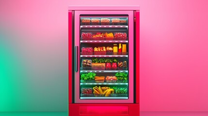 A futuristic vending machine dispensing healthy meals, neon glow lighting, frontfacing angle