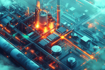Sustainable Industrial Factory Practices. Aerial view of a vibrant industrial complex with glowing lights, showcasing advanced technology and interconnected pipelines amidst a foggy atmosphere.