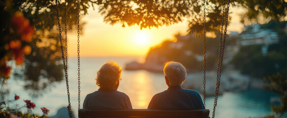 An elderly couple relaxes on a swing, admiring the vibrant sunset over the water, surrounded by nature and tranquility during the evening hours