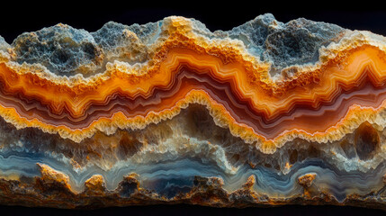 Obraz premium A banded agate rock displays vibrant shades of orange, blue, and brown, with intricate patterns revealing nature’s artistry in a striking manner