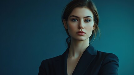 Elegant Portrait of a Confident Woman in a Dark Blue Suit Against a Gradient Background Reflecting Professionalism and Grace