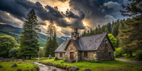 Fototapeta premium Stone Cottage in a Lush Forest Under a Dramatic Stormy Sky Featuring a Steeply Pitched Roof, Perfect for Capturing the Essence of Nature's Beauty and Tranquility