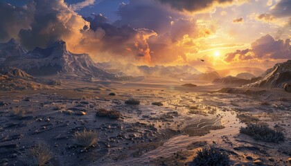 A Desolate Alien Landscape with a Sunset Sky and a Distant Flying Object