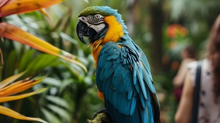 Obraz premium Blue-and-yellow macaw in lush tropical surroundings